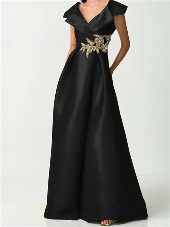 Short Sleeve V-Neck Satin A-Line Dress with Rhinestones for the Mother of the Bride-BMbridal