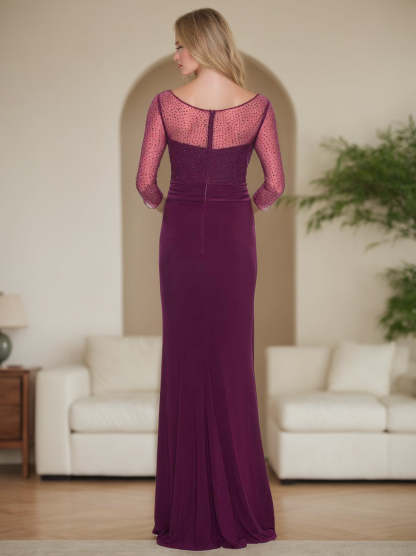 V-Neck Floor-Length Mother of the Bride Dress with Rhinestones Ruched Details and Ruffles-BMbridal