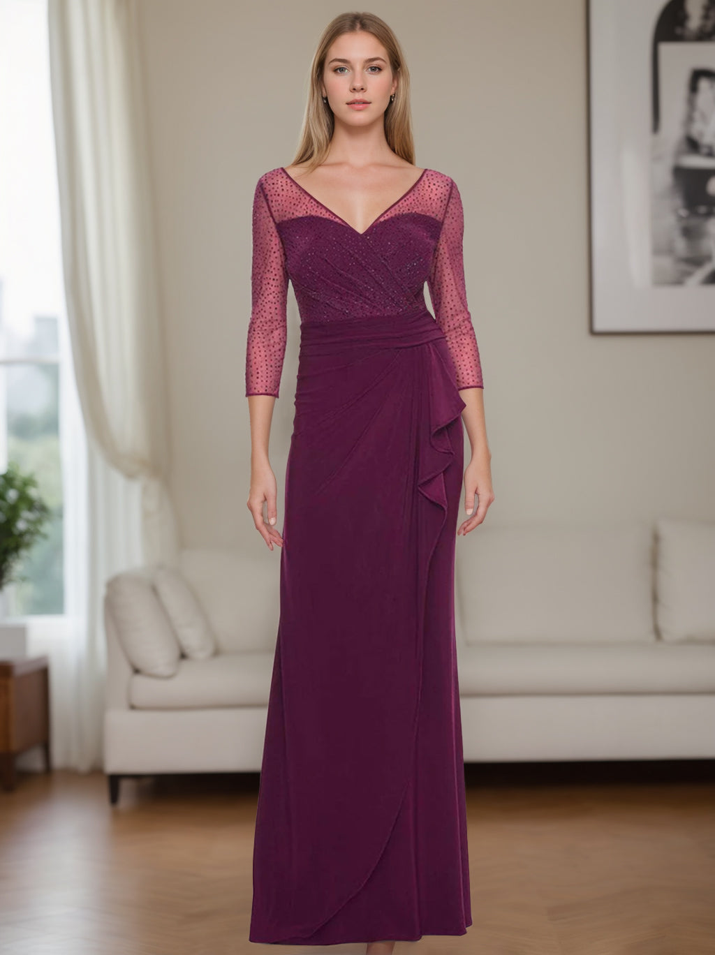 V-Neck Floor-Length Mother of the Bride Dress with Rhinestones Ruched Details and Ruffles-BMbridal