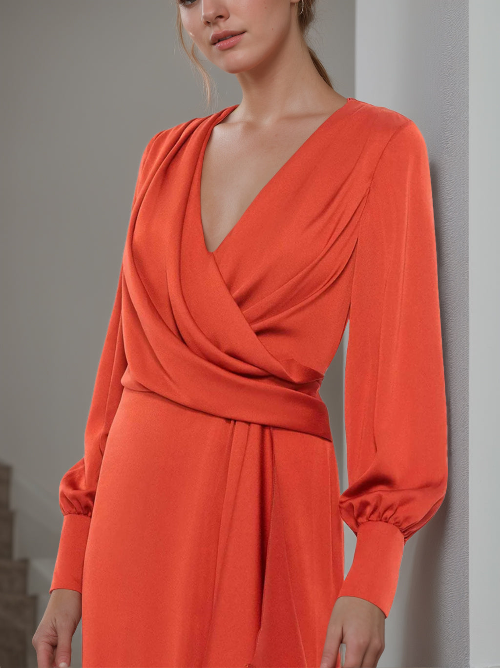 V-Neck A-Line Princess Floor-Length Mother of the Bride Dress With Ruffled Long Sleeves-BMbridal