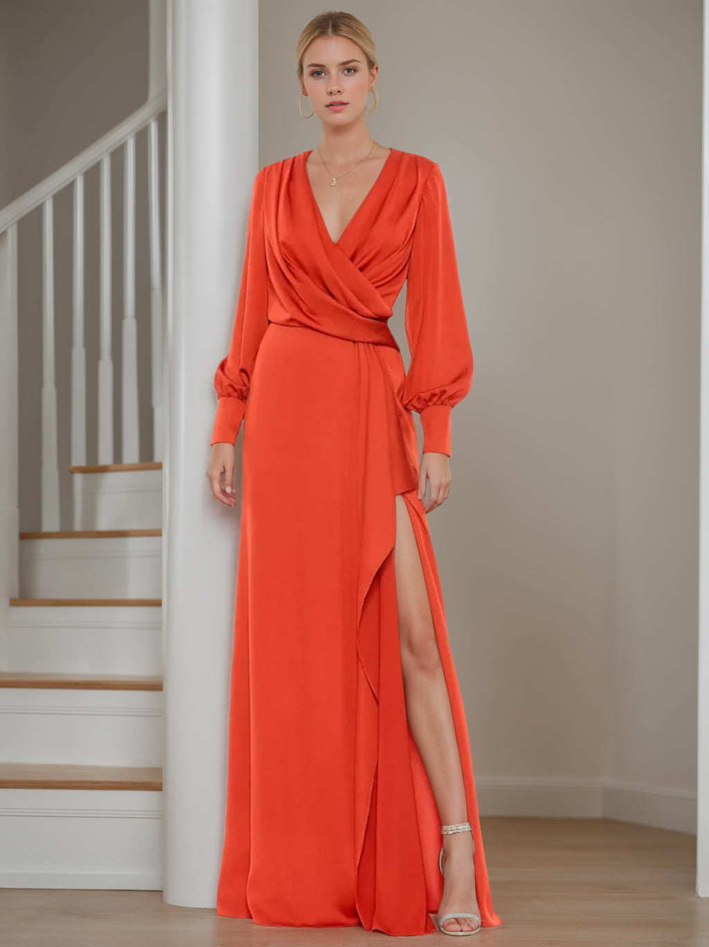 V-Neck A-Line Princess Floor-Length Mother of the Bride Dress With Ruffled Long Sleeves-BMbridal