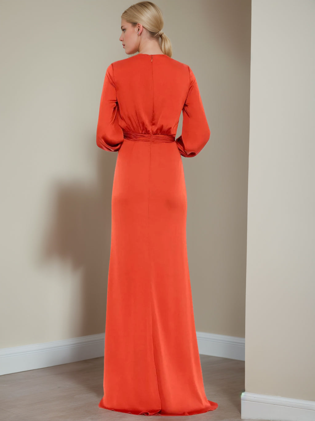 V-Neck A-Line Princess Floor-Length Mother of the Bride Dress With Ruffled Long Sleeves-BMbridal