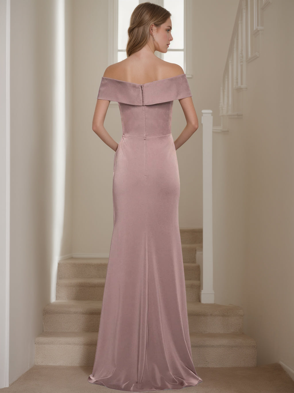 Off-the-Shoulder Short Sleeve Floor-Length Mother of the Bride Dress with Ruffles in Sheath/Column Style-BMbridal