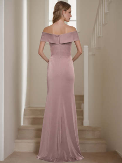 Off-the-Shoulder Short Sleeve Floor-Length Mother of the Bride Dress with Ruffles in Sheath/Column Style-BMbridal