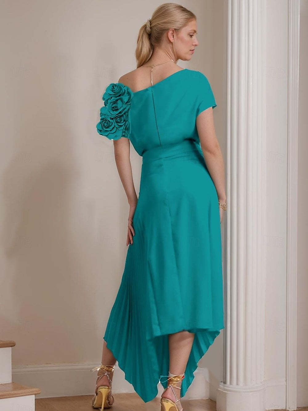 One-Shoulder A-Line Princess Dress with Short Sleeves and Ruffles Ankle-Length for the Mother of the Bride-BMbridal