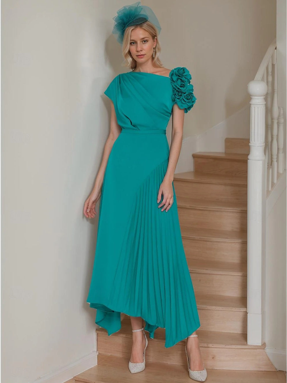 One-Shoulder A-Line Princess Dress with Short Sleeves and Ruffles Ankle-Length for the Mother of the Bride-BMbridal