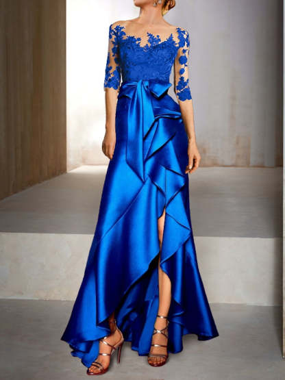Trumpet Jewel Neck Half-Sleeve Floor-Length Mermaid Mother of the Bride Dress With Appliques & Bow(s)