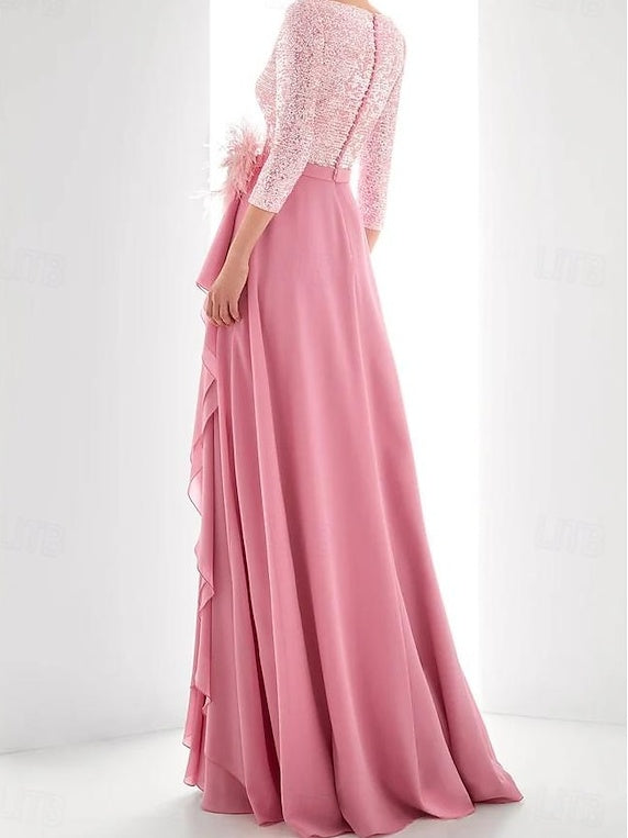 Asymmetrical A-Line Princess Jewel Neck Gown with Long Sleeves Sequin Feather and Pearl Details-BMbridal