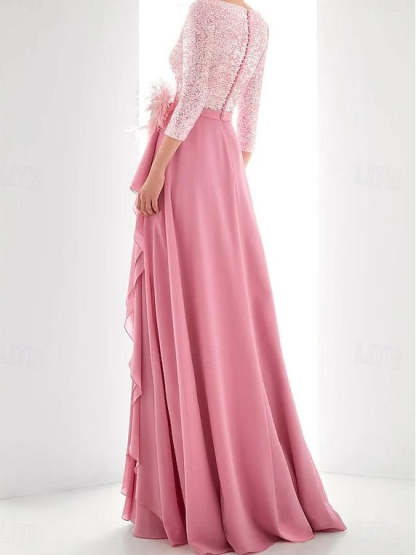 Asymmetrical A-Line Princess Jewel Neck Gown with Long Sleeves Sequin Feather and Pearl Details-BMbridal