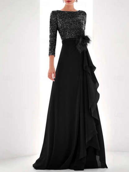 Asymmetrical A-Line Princess Jewel Neck Gown with Long Sleeves Sequin Feather and Pearl Details-BMbridal