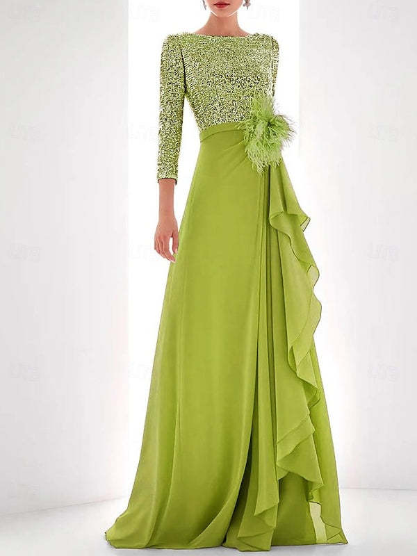 Asymmetrical A-Line Princess Jewel Neck Gown with Long Sleeves Sequin Feather and Pearl Details-BMbridal