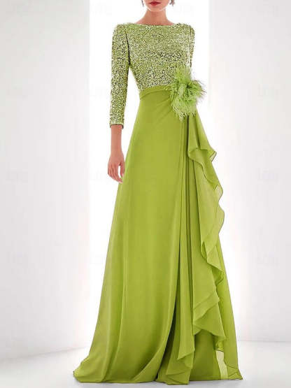 Asymmetrical A-Line Princess Jewel Neck Gown with Long Sleeves Sequin Feather and Pearl Details-BMbridal