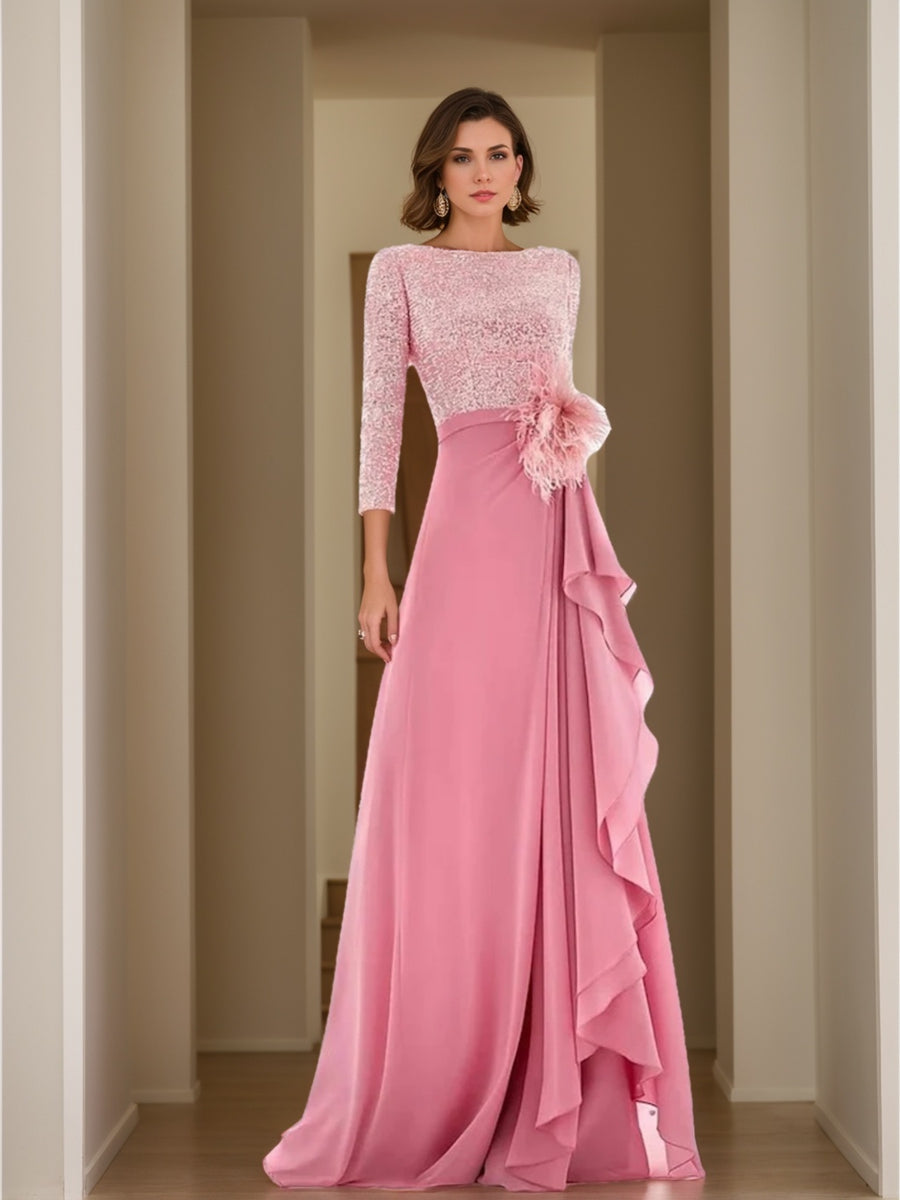 Asymmetrical A-Line Princess Jewel Neck Gown with Long Sleeves Sequin Feather and Pearl Details-BMbridal