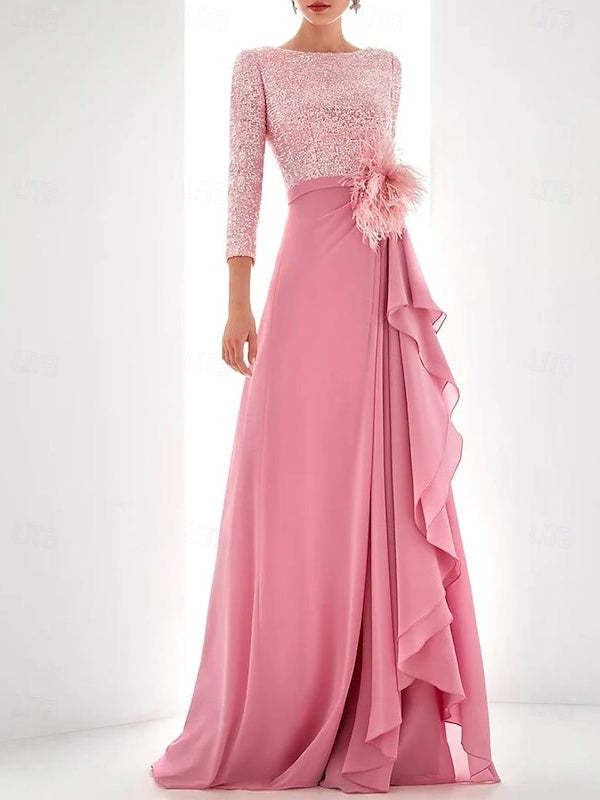 Asymmetrical A-Line Princess Jewel Neck Gown with Long Sleeves Sequin Feather and Pearl Details-BMbridal