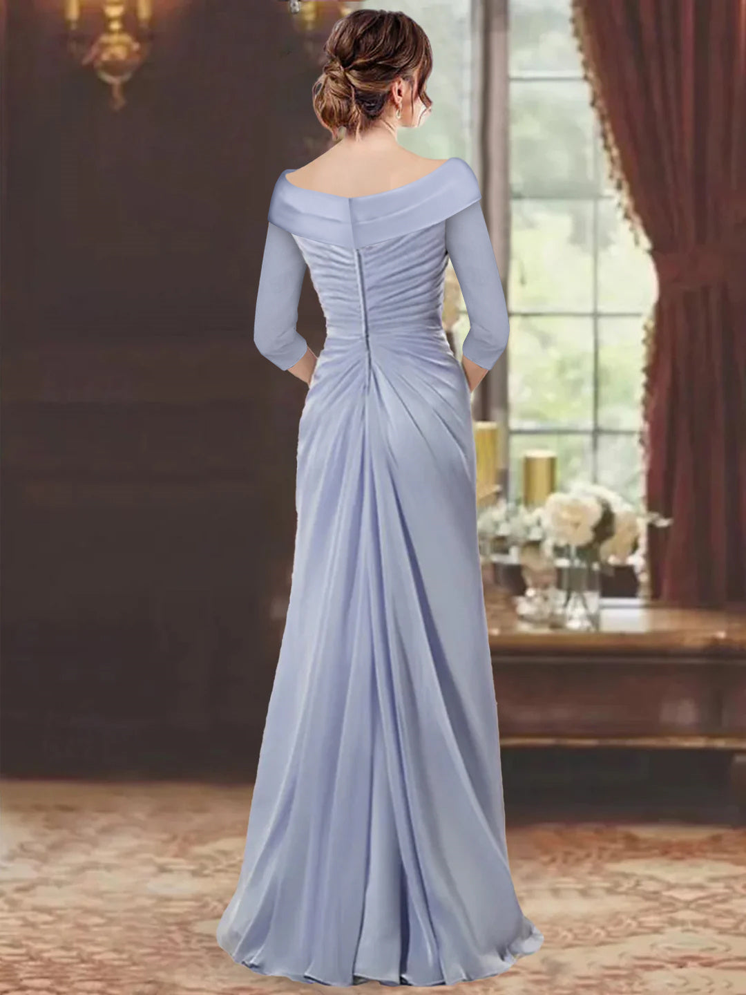 Plus Size Floor-Length V-Neck Sheath Mother of the Bride Dress with Ruffles and Appliques-BMbridal