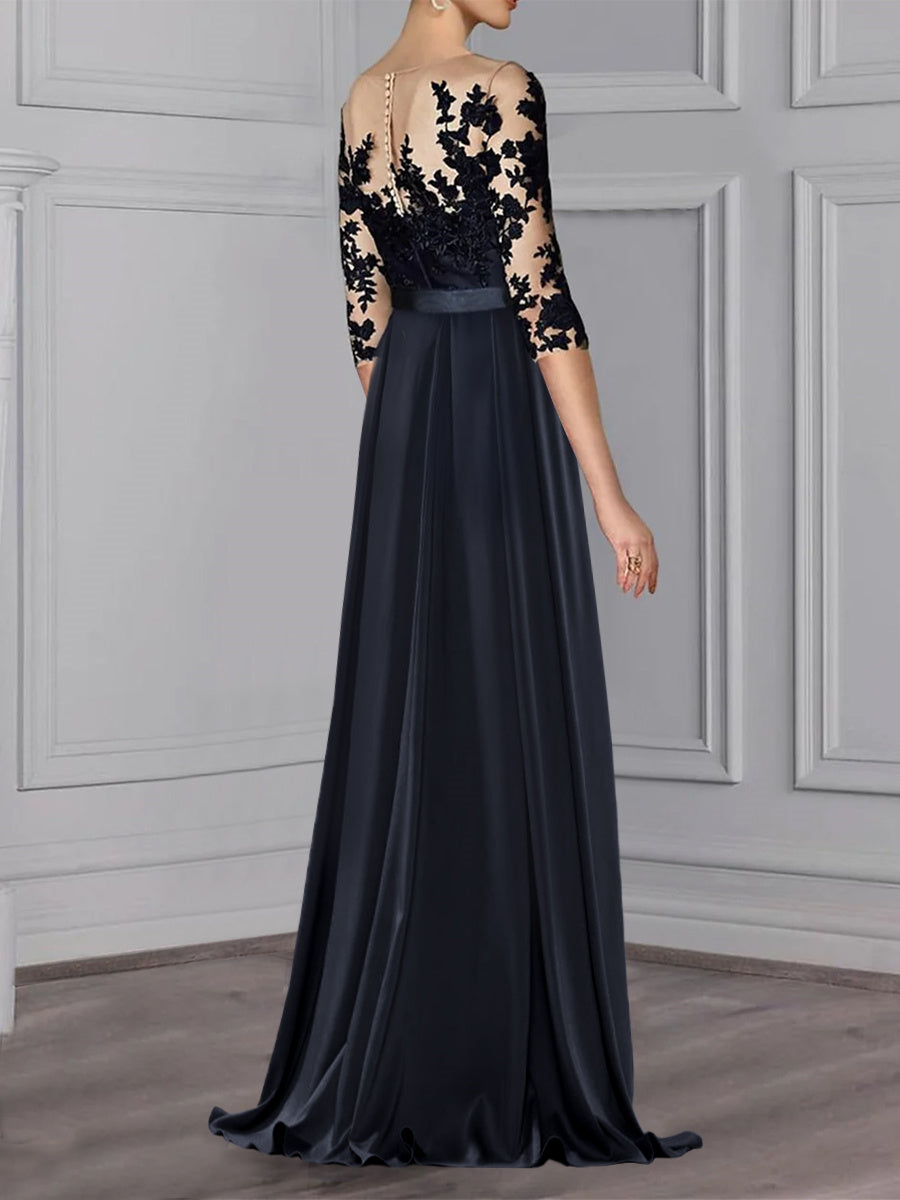 Floor-Length Mother of the Bride A-Line Dress with Jewel Neck and 3/4 Sleeves-BMbridal