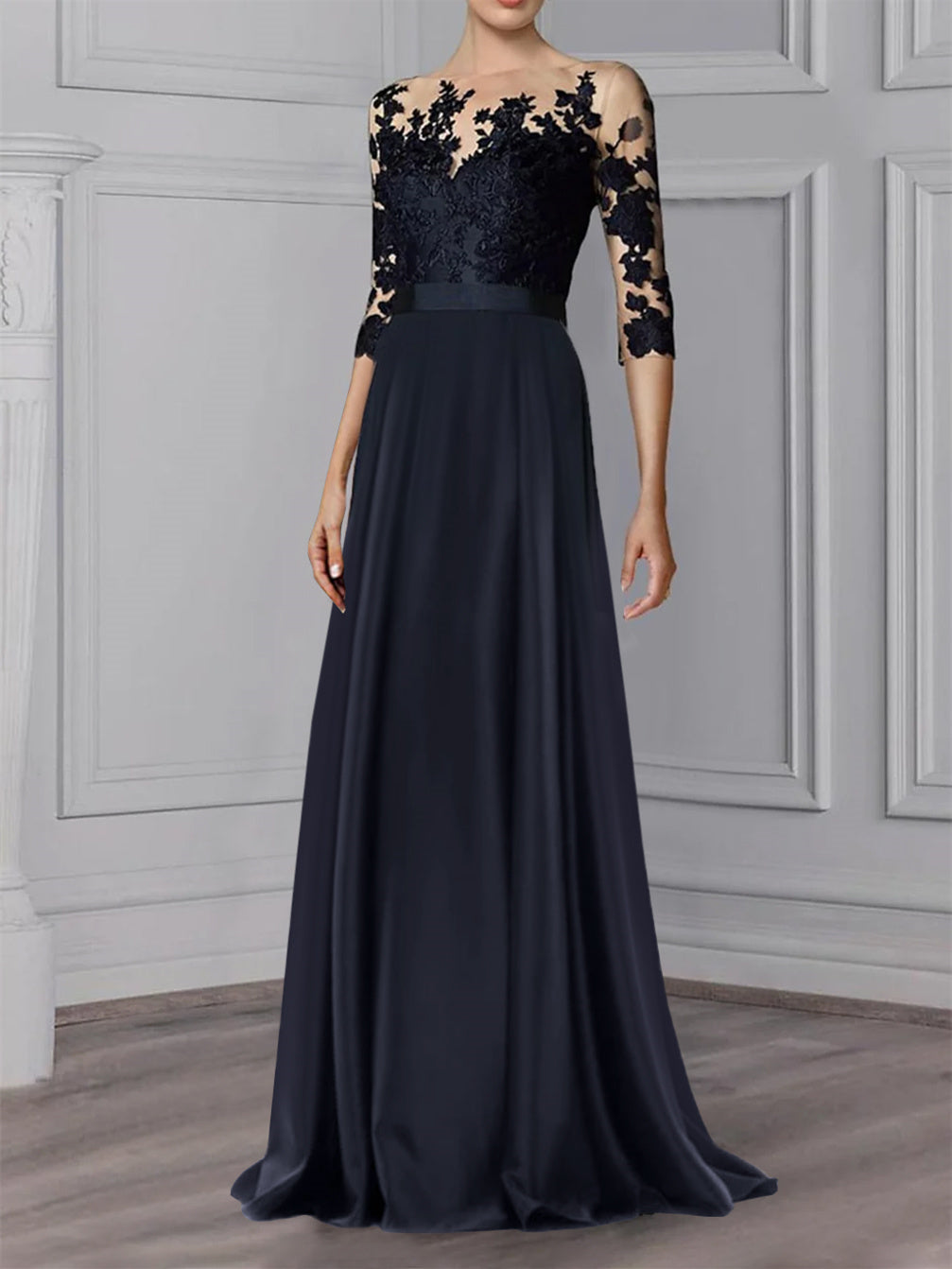 Floor-Length Mother of the Bride A-Line Dress with Jewel Neck and 3/4 Sleeves-BMbridal