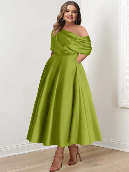 Plus Size A-Line Princess Ankle-Length One-Shoulder Mother of the Bride Dress with Ruffles and Half Sleeves-BMbridal