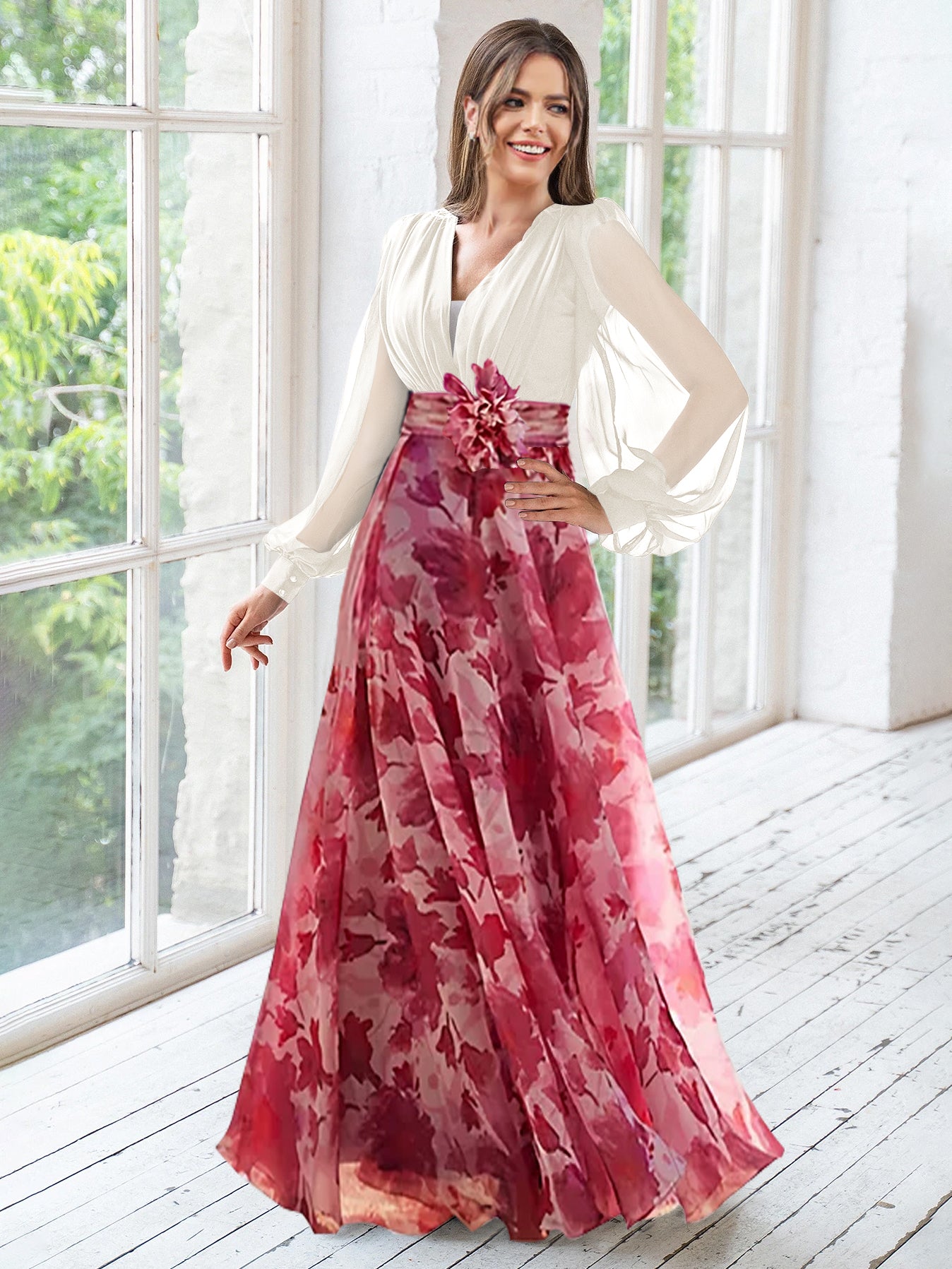 Floor-Length Floral Mother of the Bride Princess V-Neck A-Line Dress With Long Sleeves and Flower-BMbridal