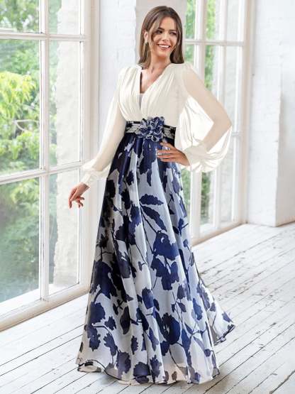Floor-Length Floral Mother of the Bride Princess V-Neck A-Line Dress With Long Sleeves and Flower-BMbridal
