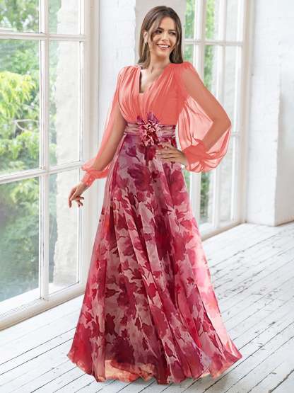Floor-Length Floral Mother of the Bride Princess V-Neck A-Line Dress With Long Sleeves and Flower-BMbridal