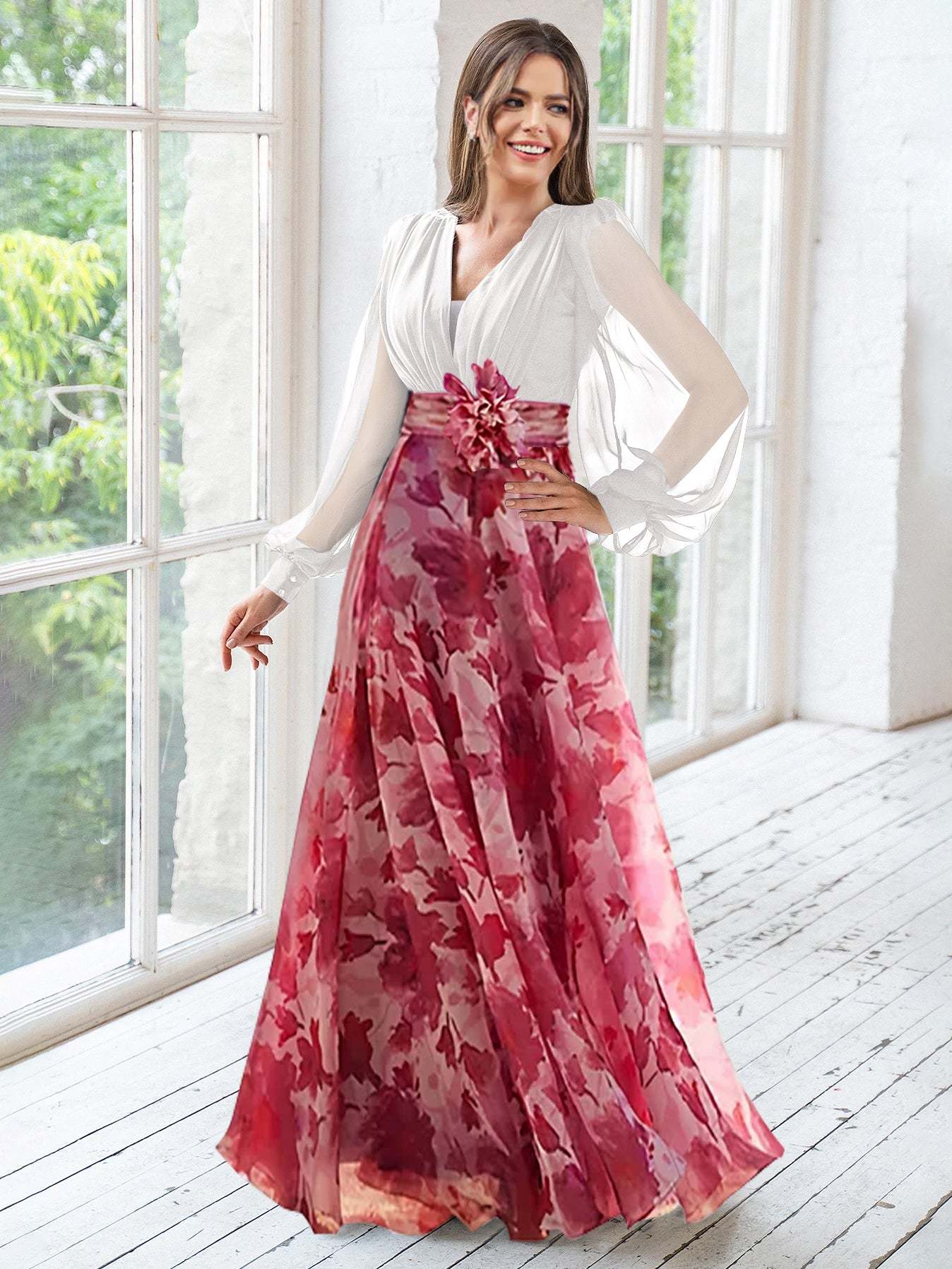 Floor-Length Floral Mother of the Bride Princess V-Neck A-Line Dress With Long Sleeves and Flower-BMbridal