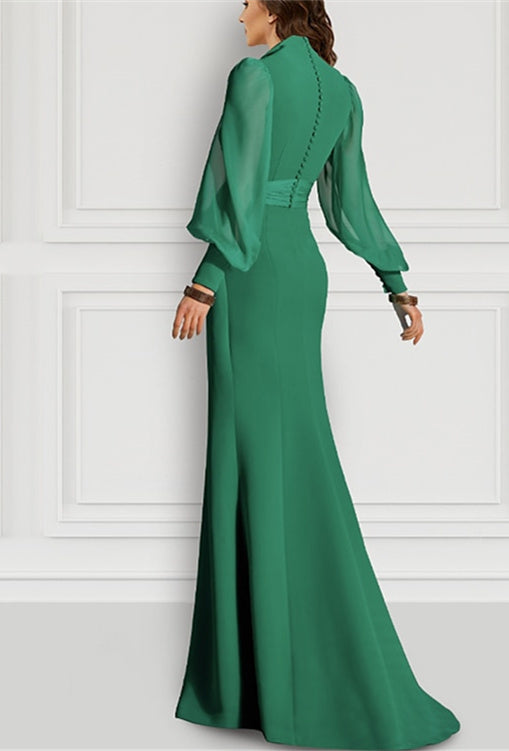 Long Sleeve V Neck Chiffon Mother of the Bride Dress with Mermaid Train and Strappy Slit