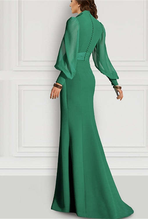 Long Sleeve V Neck Chiffon Mother of the Bride Dress with Mermaid Train and Strappy Slit