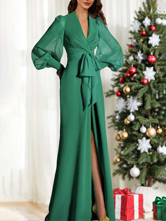 Long Sleeve V Neck Chiffon Mother of the Bride Dress with Mermaid Train and Strappy Slit