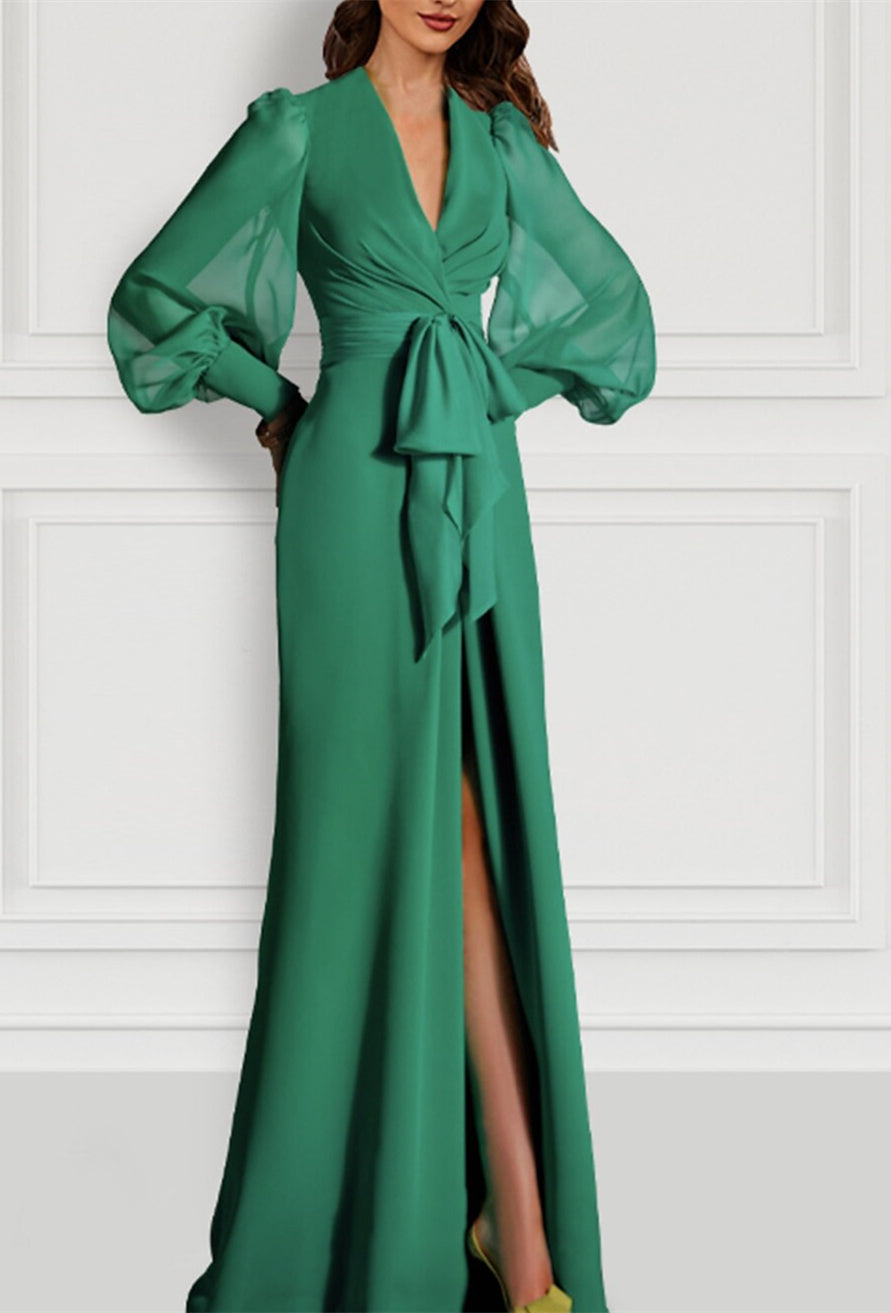 Long Sleeve V Neck Chiffon Mother of the Bride Dress with Mermaid Train and Strappy Slit