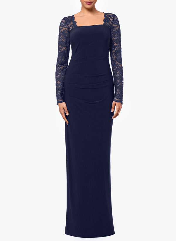 Floor-Length Square Neck Jersey Gown with Long Sleeves and Lace-BMbridal