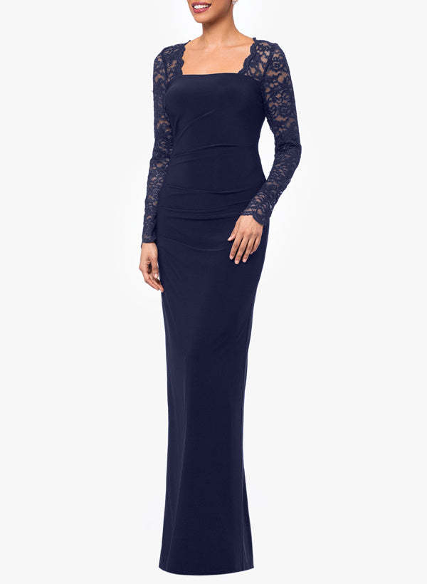 Floor-Length Square Neck Jersey Gown with Long Sleeves and Lace-BMbridal