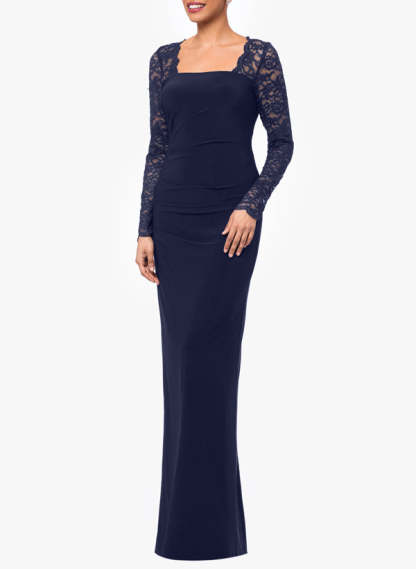 Floor-Length Square Neck Jersey Gown with Long Sleeves and Lace-BMbridal