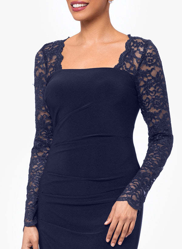 Floor-Length Square Neck Jersey Gown with Long Sleeves and Lace-BMbridal