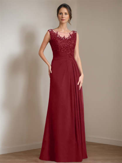 Floor-Length A-Line Princess Mother of the Bride Dress with Scoop Neck Pleats and Sequins-BMbridal