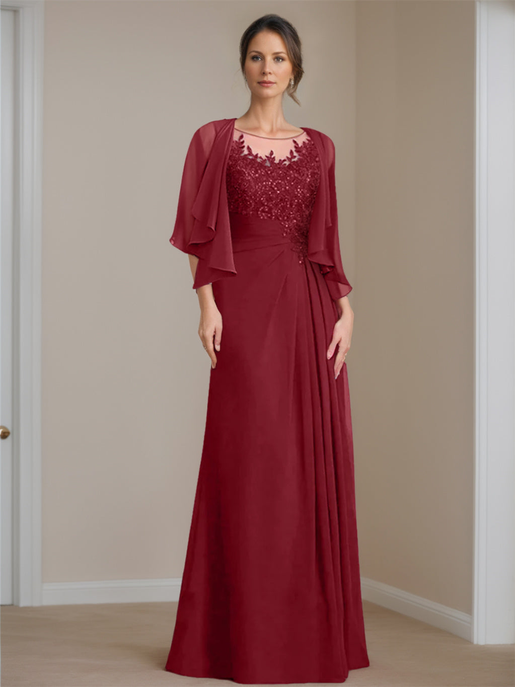 Floor-Length A-Line Princess Mother of the Bride Dress with Scoop Neck Pleats and Sequins-BMbridal