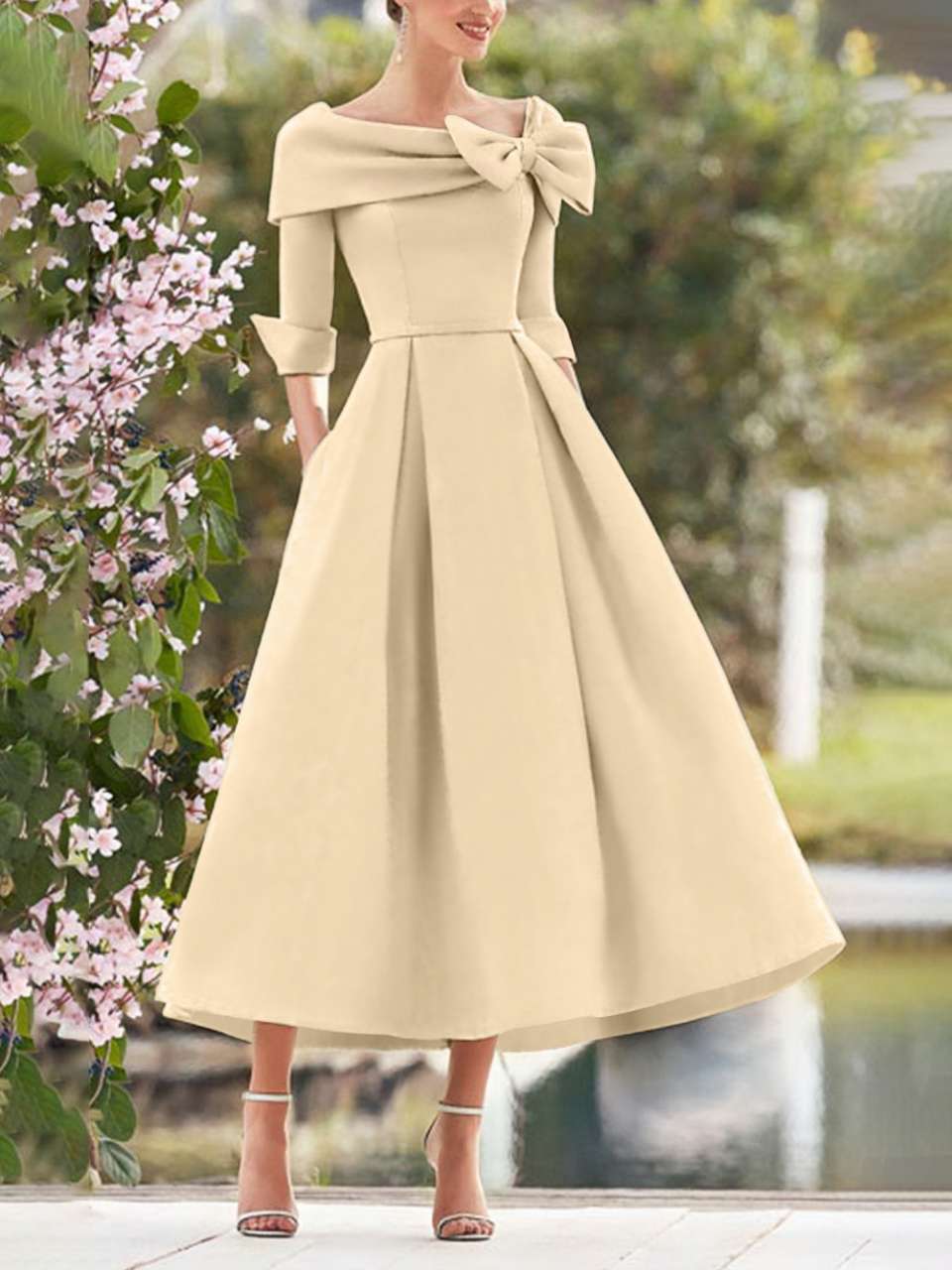 Elegant A-Line Princess Dresses with Cowl Neck and Bows 3/4 Sleeves Tea Length for Mothers of the Bride & Groom-BMbridal