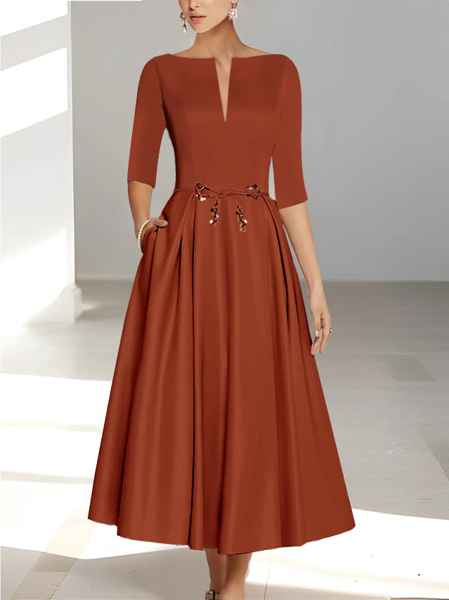 Ankle-Length Mother of the Bride A-Line Dress with Half Sleeves and Pockets-BMbridal