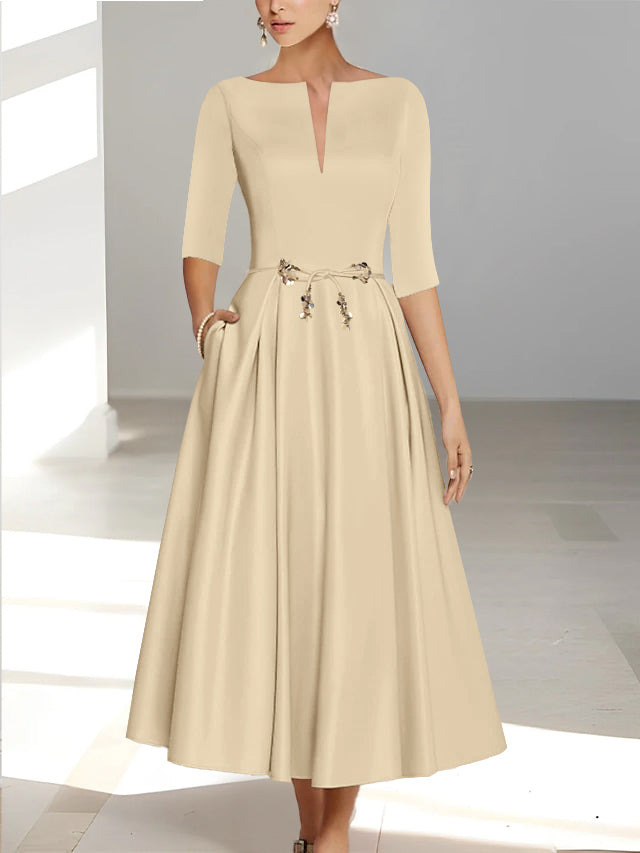 Ankle-Length Mother of the Bride A-Line Dress with Half Sleeves and Pockets-BMbridal