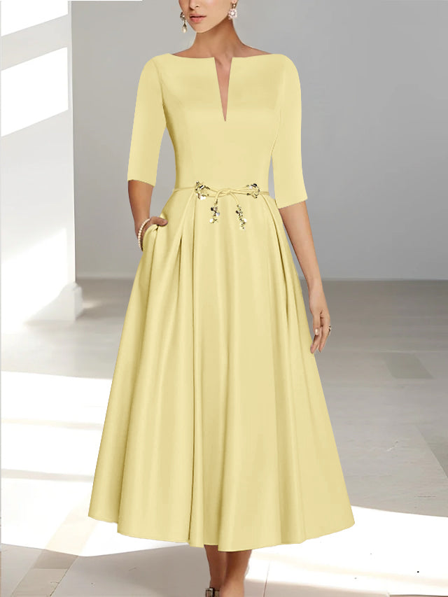 Ankle-Length Mother of the Bride A-Line Dress with Half Sleeves and Pockets-BMbridal