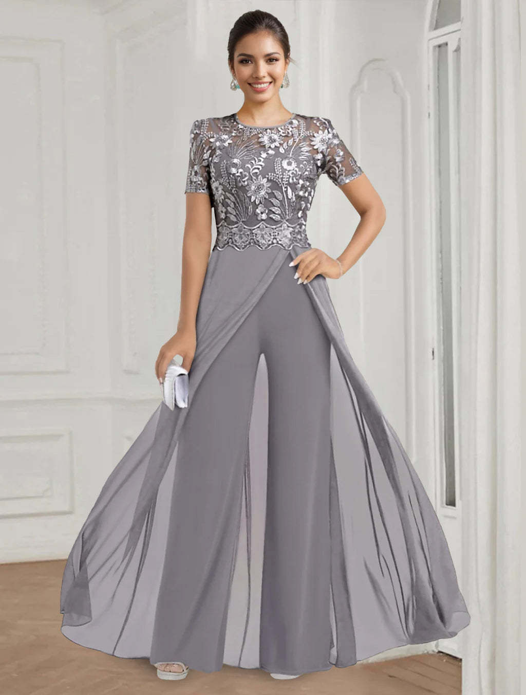 Floor-Length Round Neck Stretch Chiffon Mother of the Bride Pantsuit with Short Sleeves and Appliques Lace-BMbridal