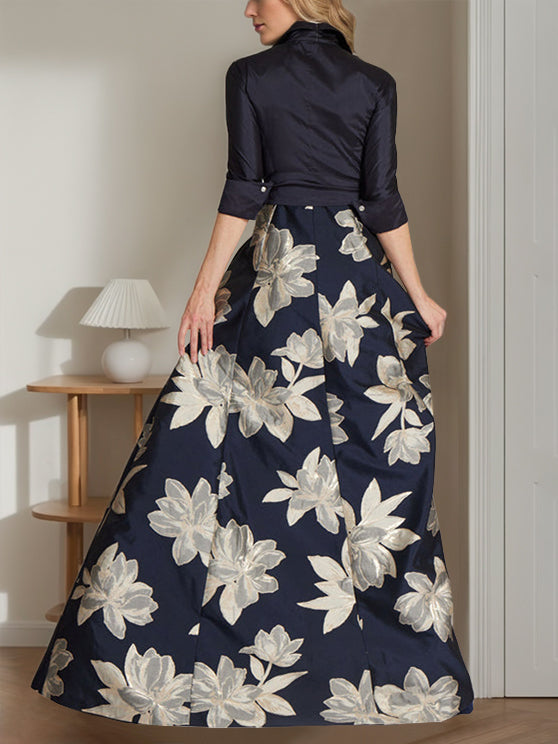 Princess A-Line Shirt Collar Floor-Length Dress with 3/4 Sleeves and Floral Print-BMbridal