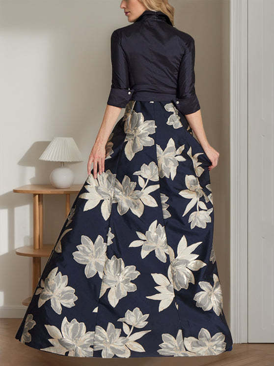 Princess A-Line Shirt Collar Floor-Length Dress with 3/4 Sleeves and Floral Print-BMbridal