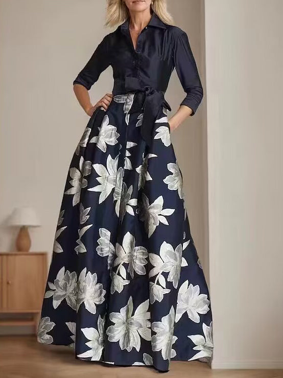 Princess A-Line Shirt Collar Floor-Length Dress with 3/4 Sleeves and Floral Print-BMbridal