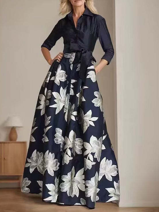 Princess A-Line Shirt Collar Floor-Length Dress with 3/4 Sleeves and Floral Print-BMbridal