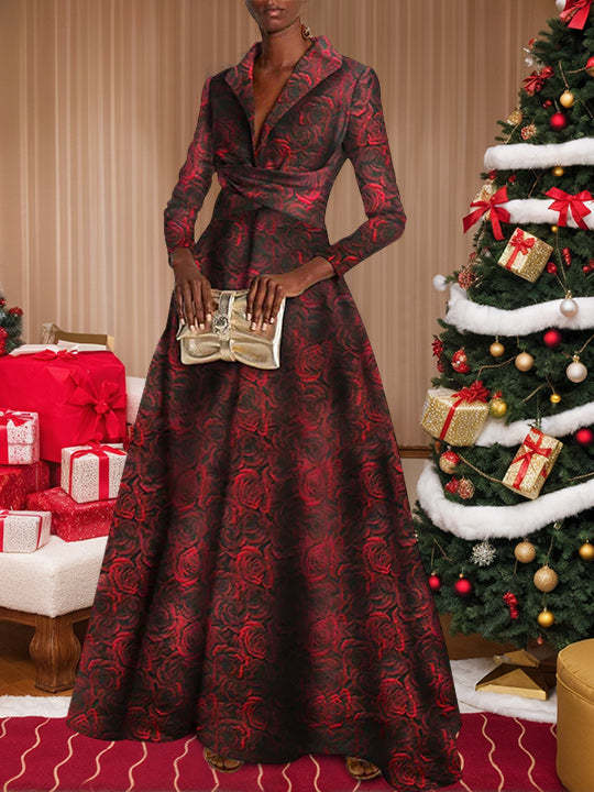 V-Neck Long-Sleeve A-Line Floral Print Red Rose Dress for Mothers of the Bride & Groom-BMbridal