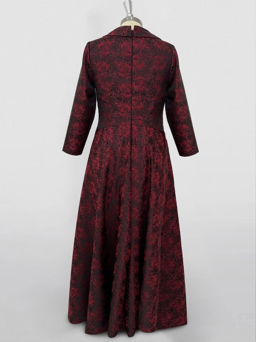 V-Neck Long-Sleeve A-Line Floral Print Red Rose Dress for Mothers of the Bride & Groom-BMbridal