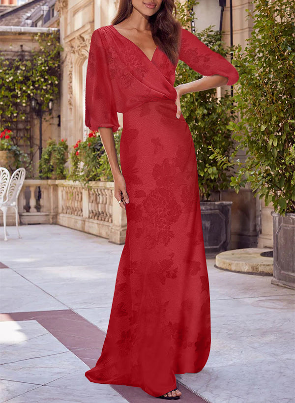 Red V-neck Floral Print Column Dress for Mothers of the Bride & Groom-BMbridal