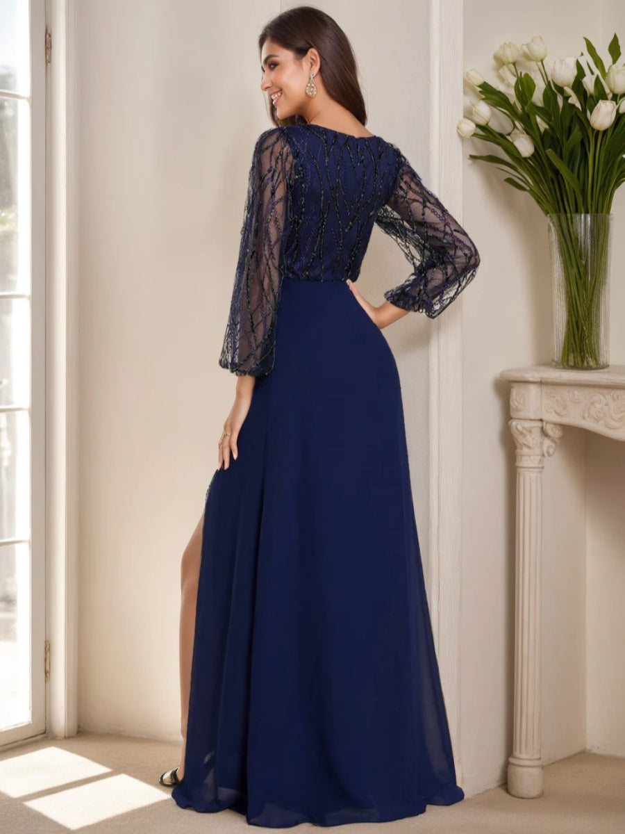 V-Neck A-Line Princess Floor-Length Mother of the Bride Dress with Long Sleeves and Split-BMbridal