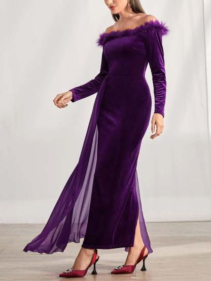 Off-the-Shoulder Asymmetrical Long Sleeve Sheath/Column Dress with Feather for Mother of the Bride & Groom